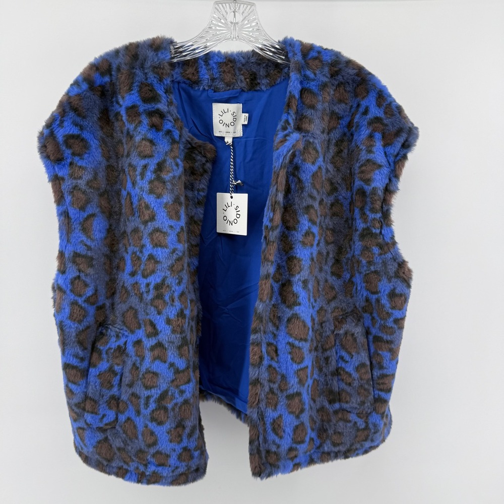 Lili Sidonio Blue Leopard Print Faux Fur Vest Sleeveless Jacket Large Urban Glam